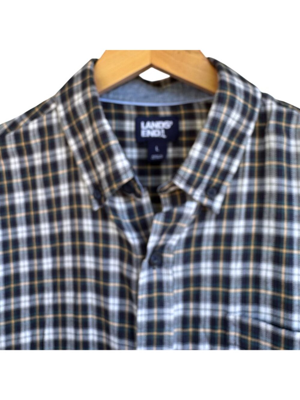Lands End Mens Plaid Button-Up Shirt Black Yellow L Long Sleeve Cotton Blend - Picture 9 of 16